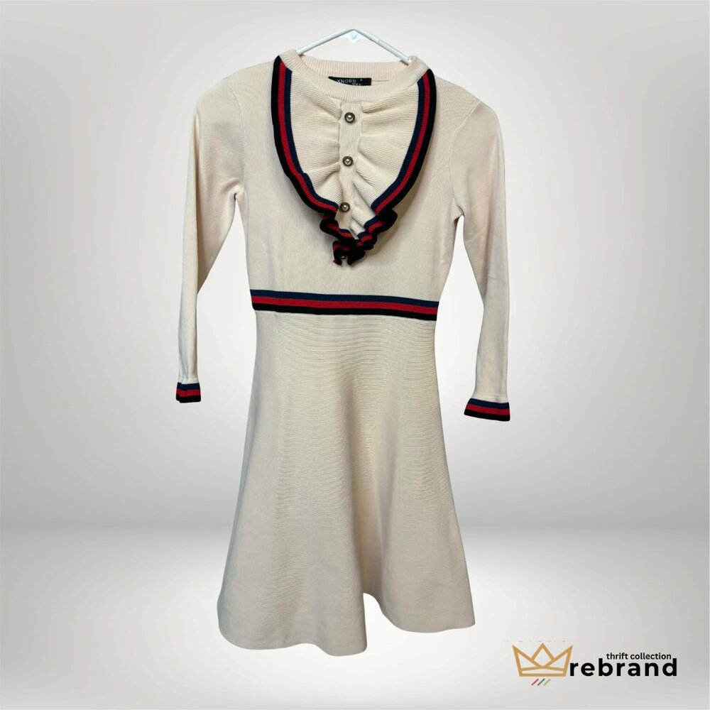 Preppy Ruffle Collar Knit Dress Cream Red Navy Stripe S - Picture 2 of 5